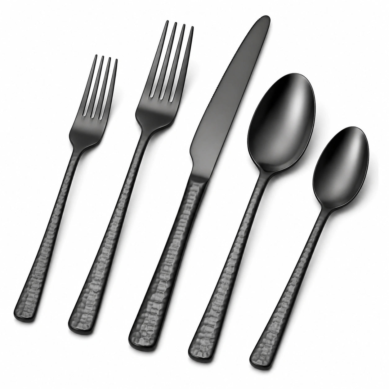 5-teiliges Besteckset Edelstahl Schwarz mit gehämmerten Griffen