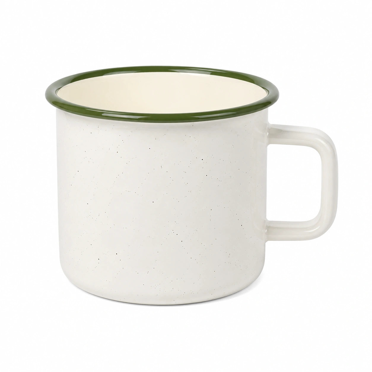 Emaillebecher 350 ml 9 cm aus Metall cremeweiß grün mit Henkel im Retro-Stil