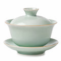 Porzellan Gaiwan Teeschale 12 cm in Seladongrün mit Deckel und Untertasse