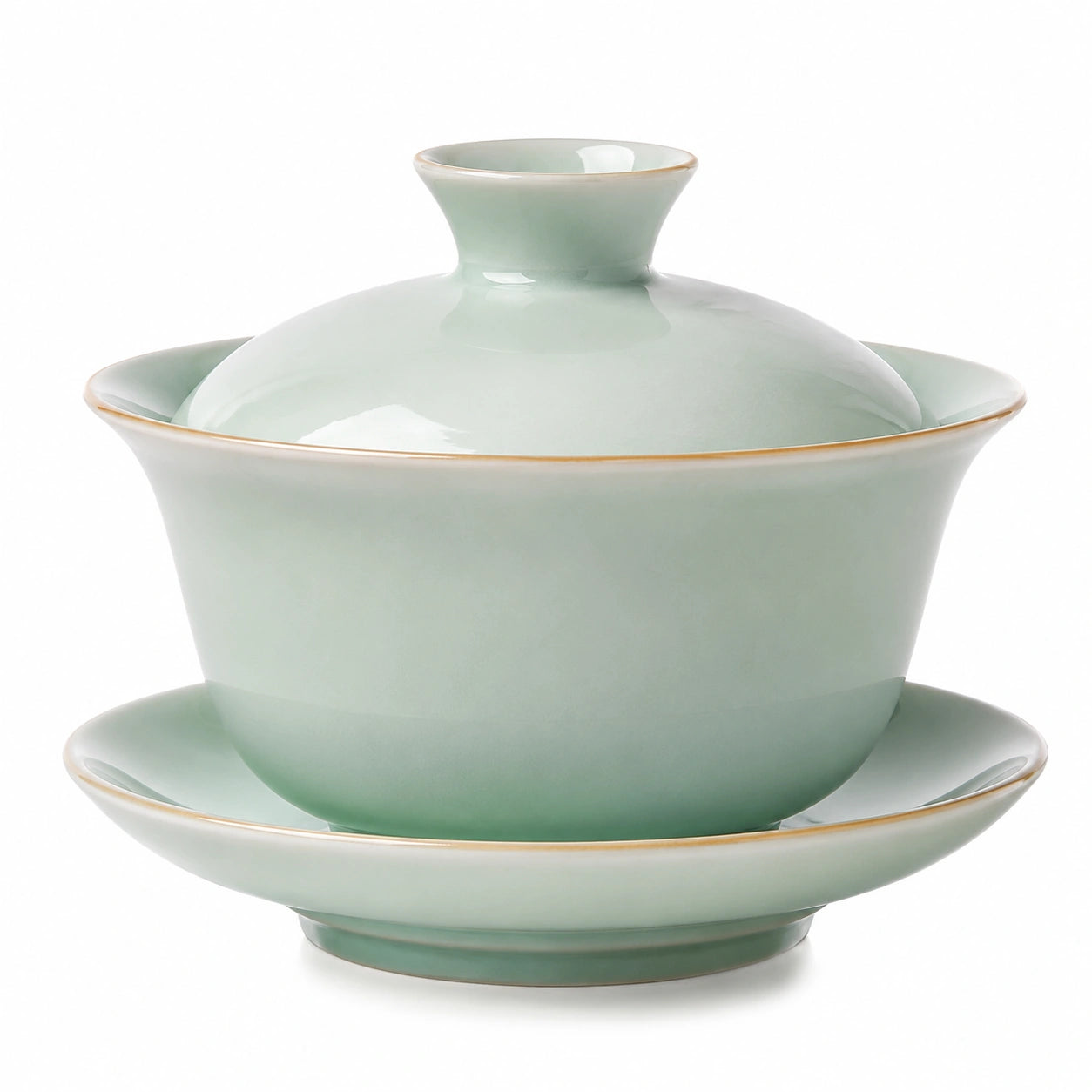 Porzellan Gaiwan Teeschale 12 cm in Seladongrün mit Deckel und Untertasse