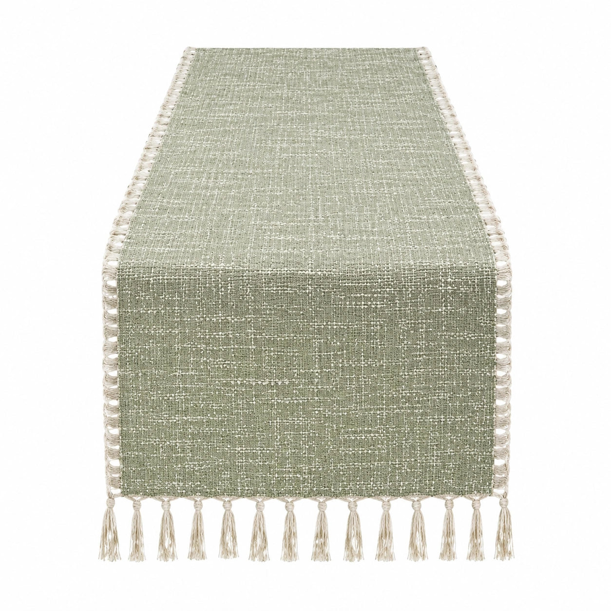 Tischläufer 180 x 33 cm Textil Salbeigrün mit Fransen im Landhausstil