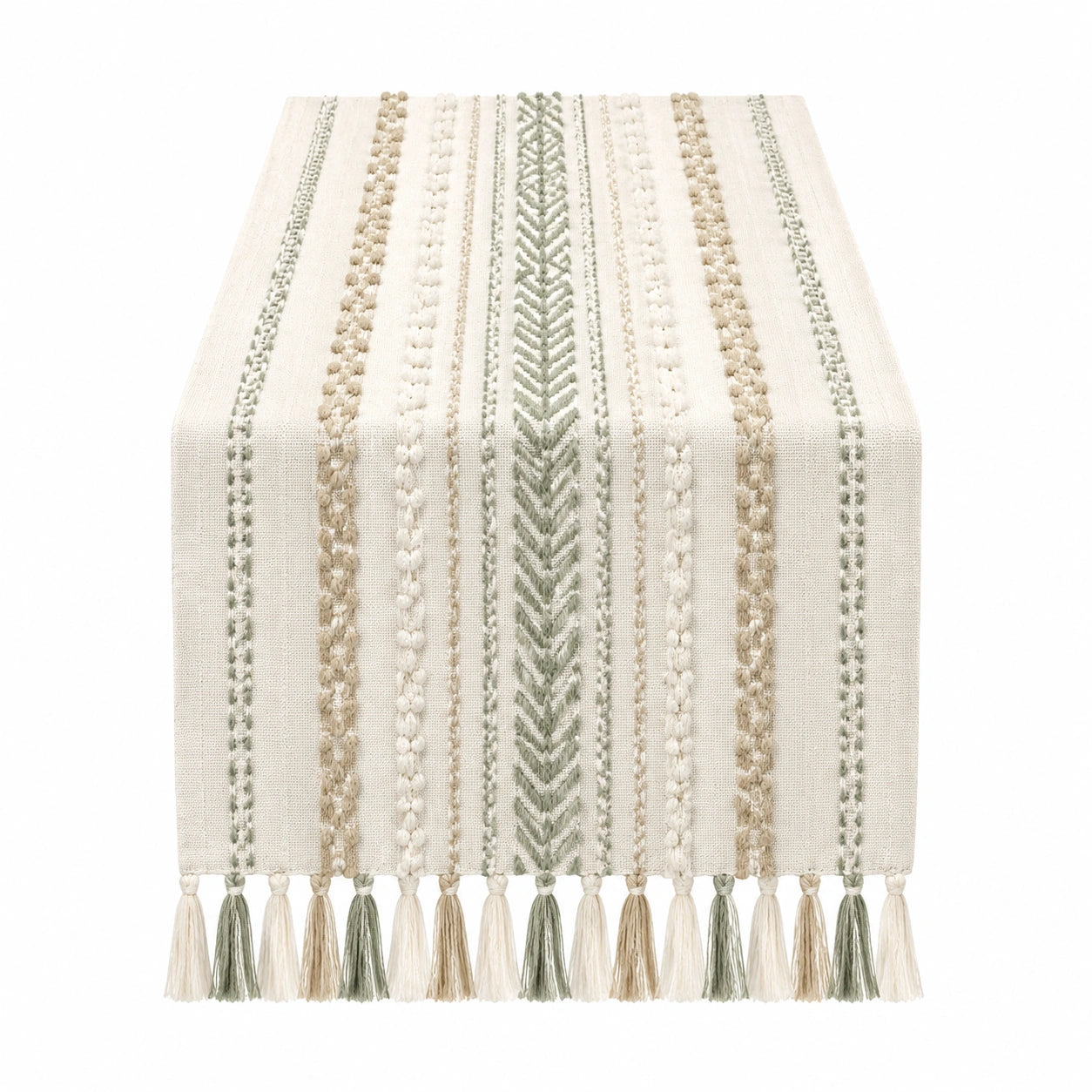 Tischläufer 40 x 180 cm aus Baumwollmischgewebe in Creme Beige Salbeigrün mit Quasten im Boho-Stil